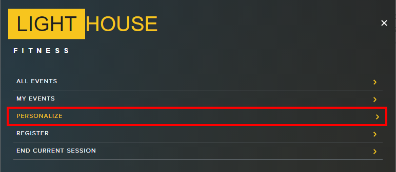 Lighthouse Fitness menu to personalize the experience