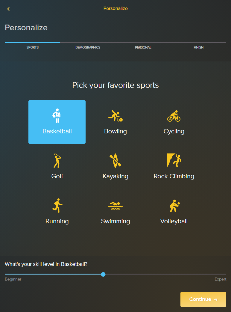 Sports screen selecting basketball