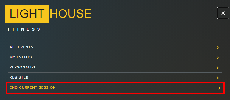 Lighthouse Fitness menu to end the current session